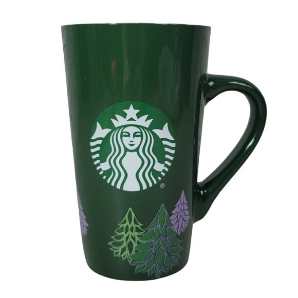 Starbucks Christmas Mug Green 16fl Oz Mermaid Logo Round Trees Holiday 2020 Tall - Picture 1 of 10